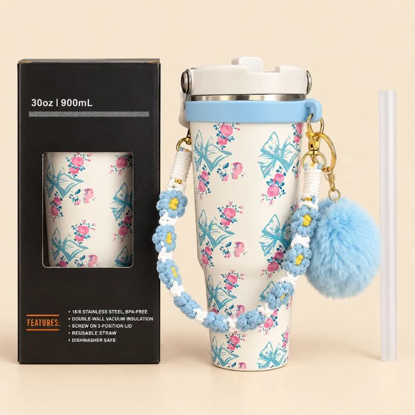 blue-butterfly-floral-insulated-tumbler-900ml-with-box Insulated Tumbler with Blue Bow and Floral Design 900 ml - Image 1