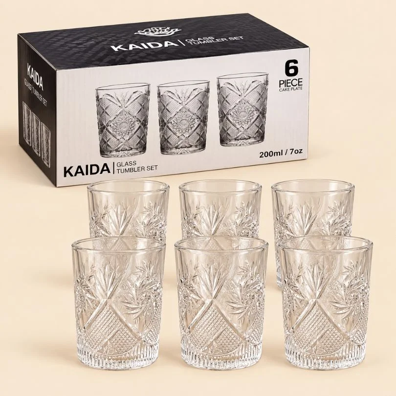 kaida-embossed-glass-tumbler-set-6pcs-200ml (2) Glass Tumbler Set with Embossed Design – KAIDA 6 Pieces 200 ml - Image 1
