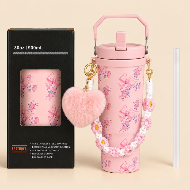 pink-butterfly-floral-insulated-tumbler-900ml Insulated Tumbler with Pink Floral Design and Straw 900 ml - Image 1