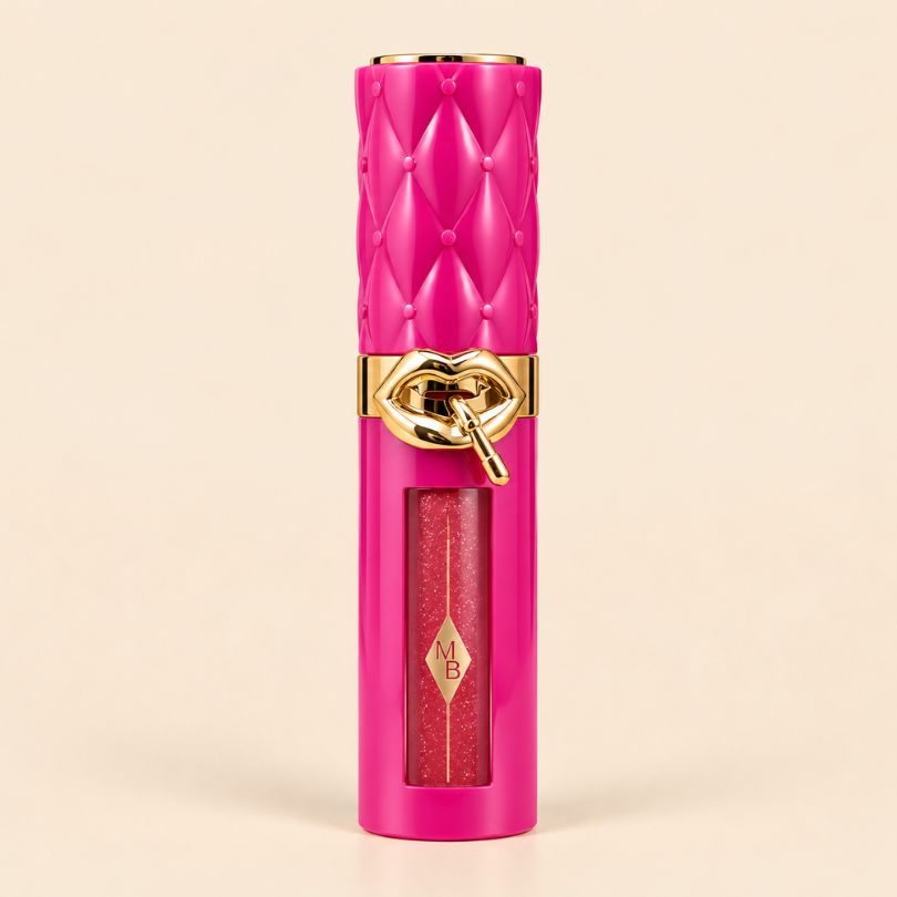 pink-glitter-liquid-lip-gloss-gold-lips-packaging Lip Gloss with Lip-Shaped Detail - Image 1