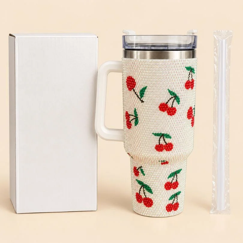 rhinestone-cherry-insulated-tumbler-with-handle Tumbler with Cherry Rhinestone Design, Handle and Straw - Image 1